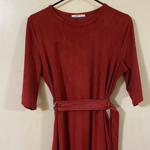 Faux Suede Zara Midi Brick-Red Dress With Belt - Picture 5 of 9
